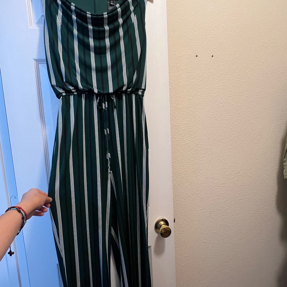 Enfocus Studio Dark Green and White Striped Jumpsuit